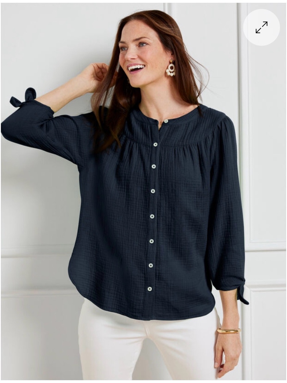 Women’s Navy Button-Front Cotton Gauze Tie Sleeve Blouse